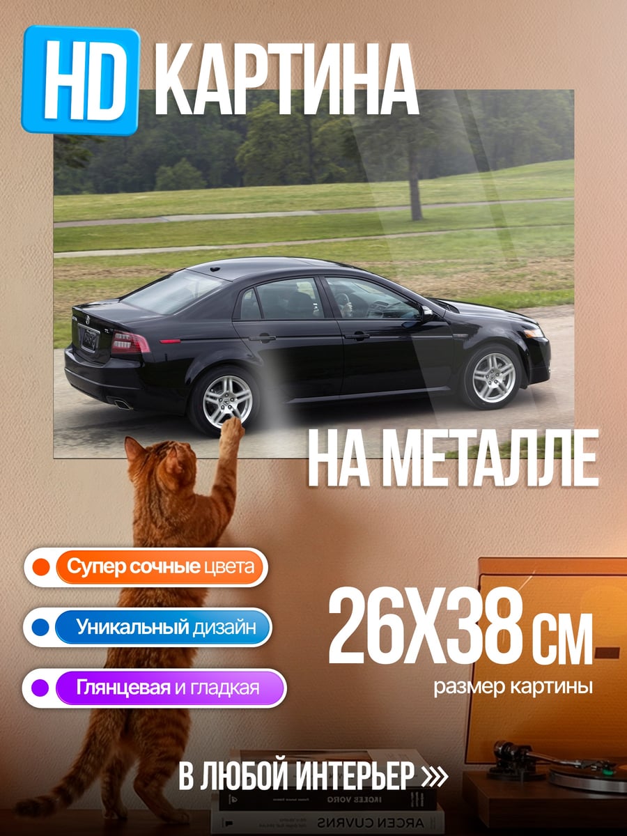 Картина на металле Черный седан на дороге