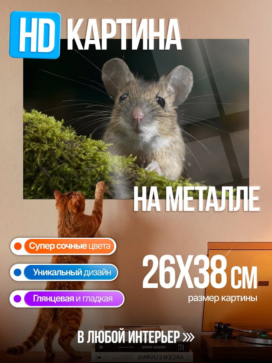 Картина на металле Мышь на мху