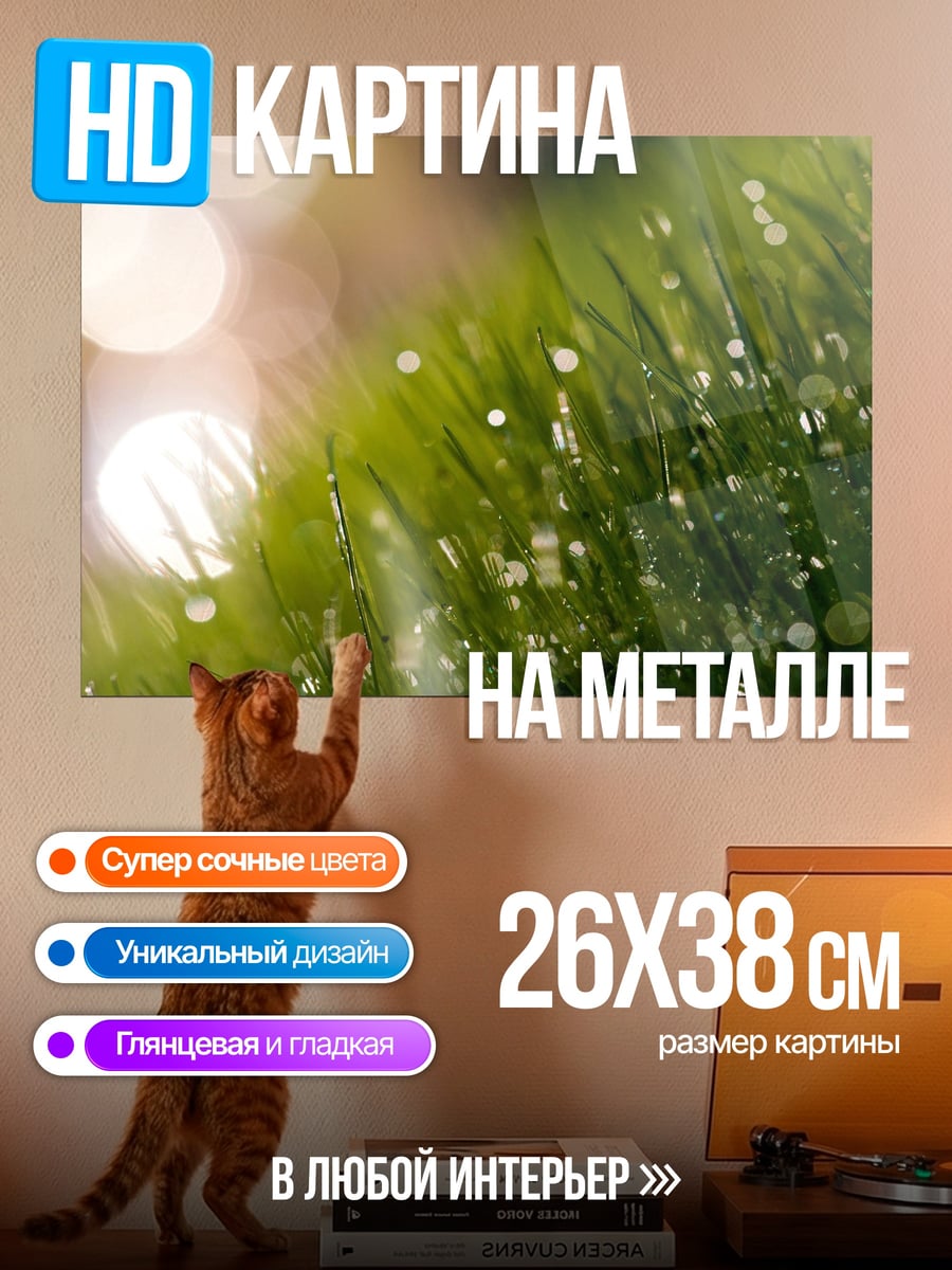 Картина на металле трава с каплями