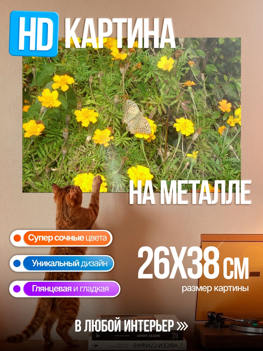 Картина на металле Бабочка на цветах