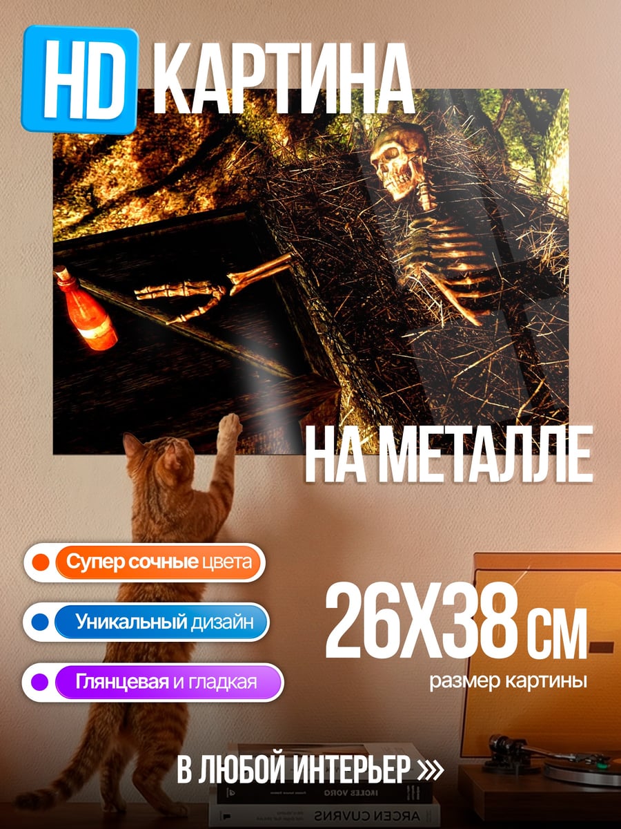 Картина на металле Скелет в гробу