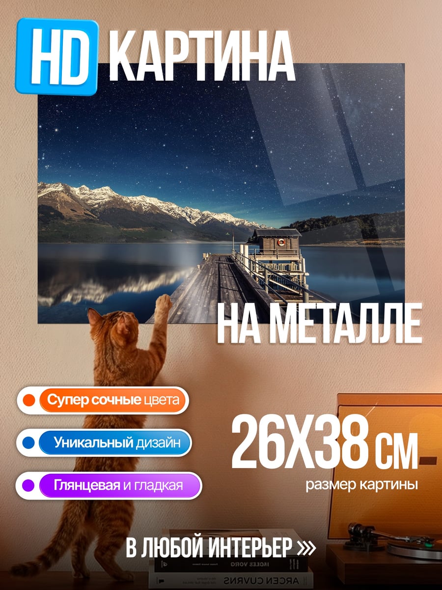 Картина на металле Звёздная ночь у озера