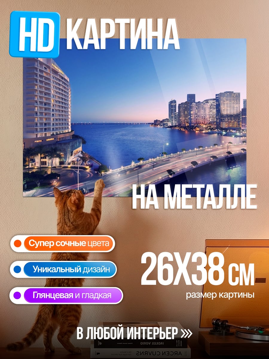Картина на металле Городской пейзаж на закате
