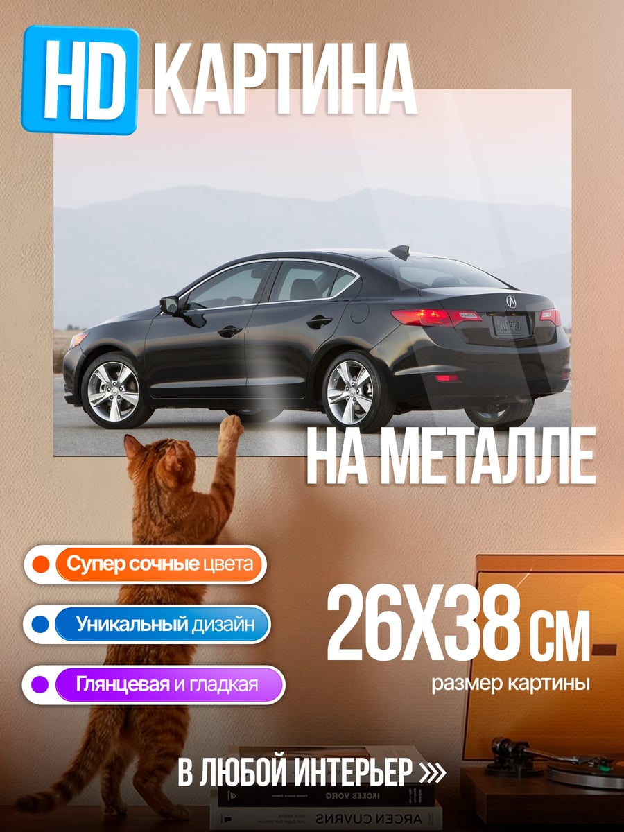 Картина на металле Черный седан на дороге