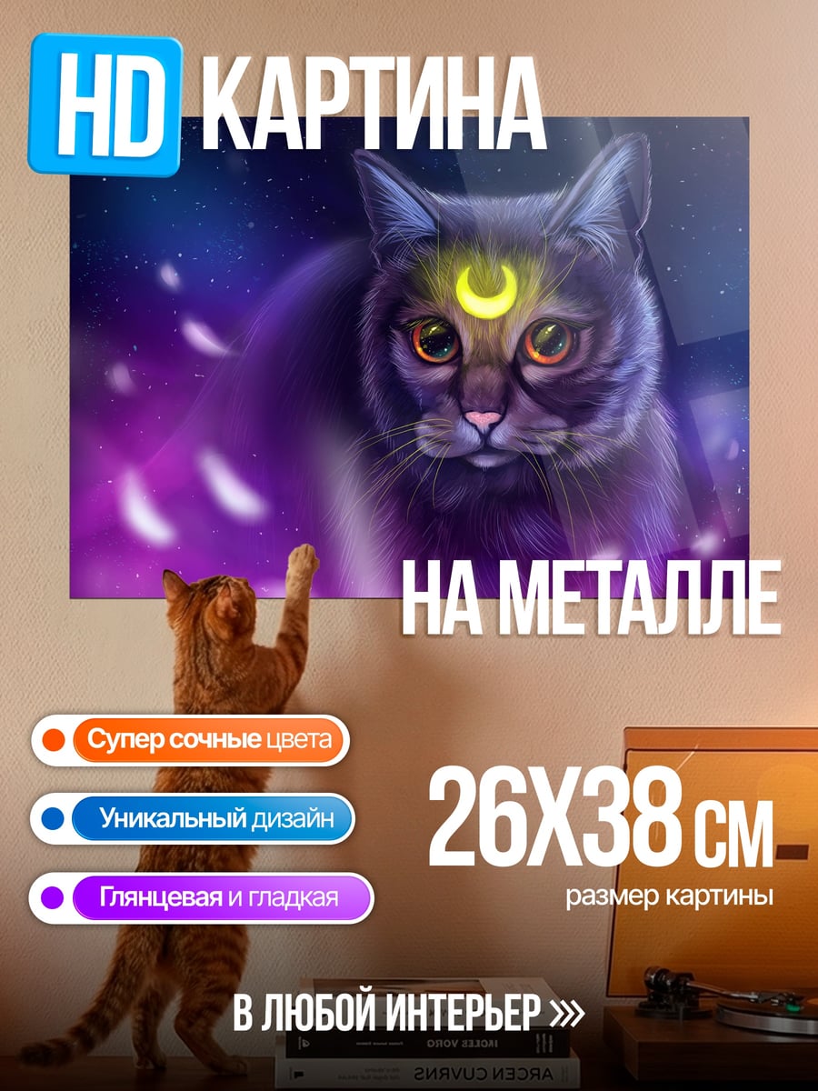 Картина на металле Черная кошка луна