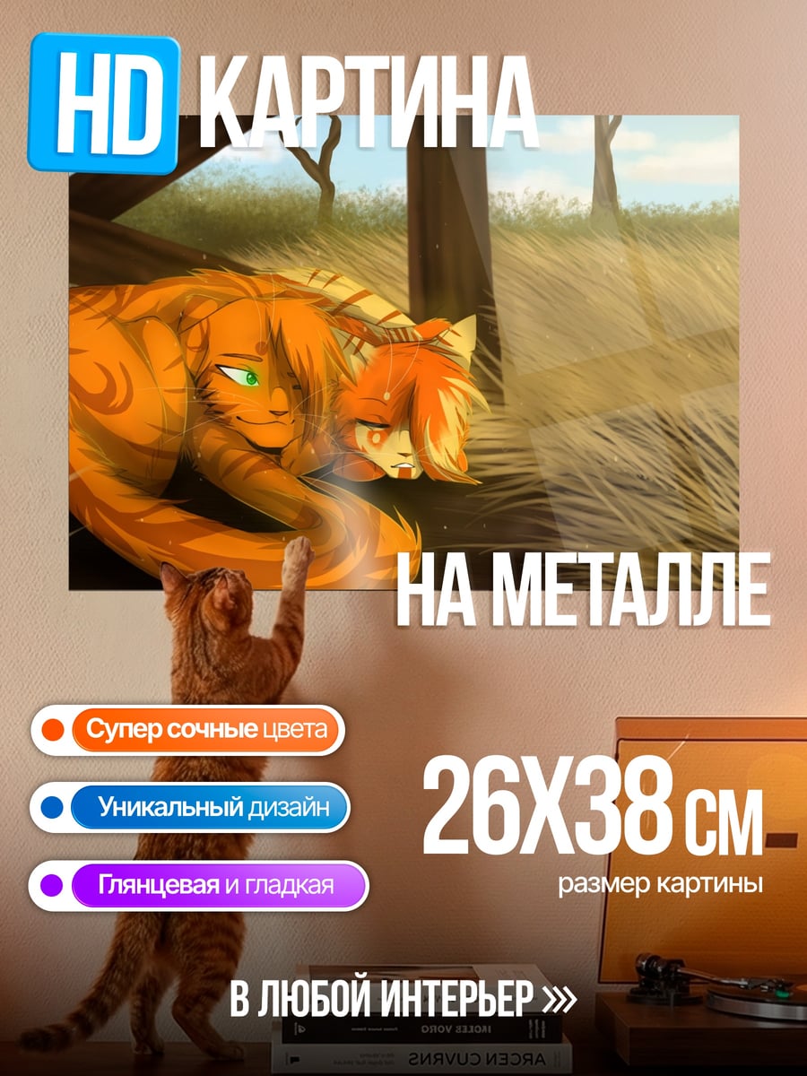 Картина на металле Рыжий кот поле
