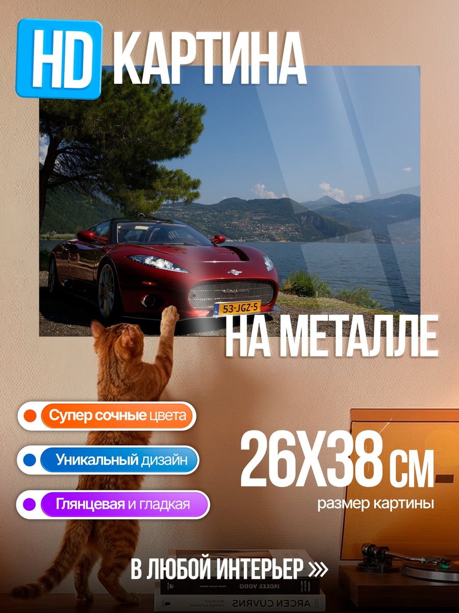 Картина на металле Красный спорткар у озера