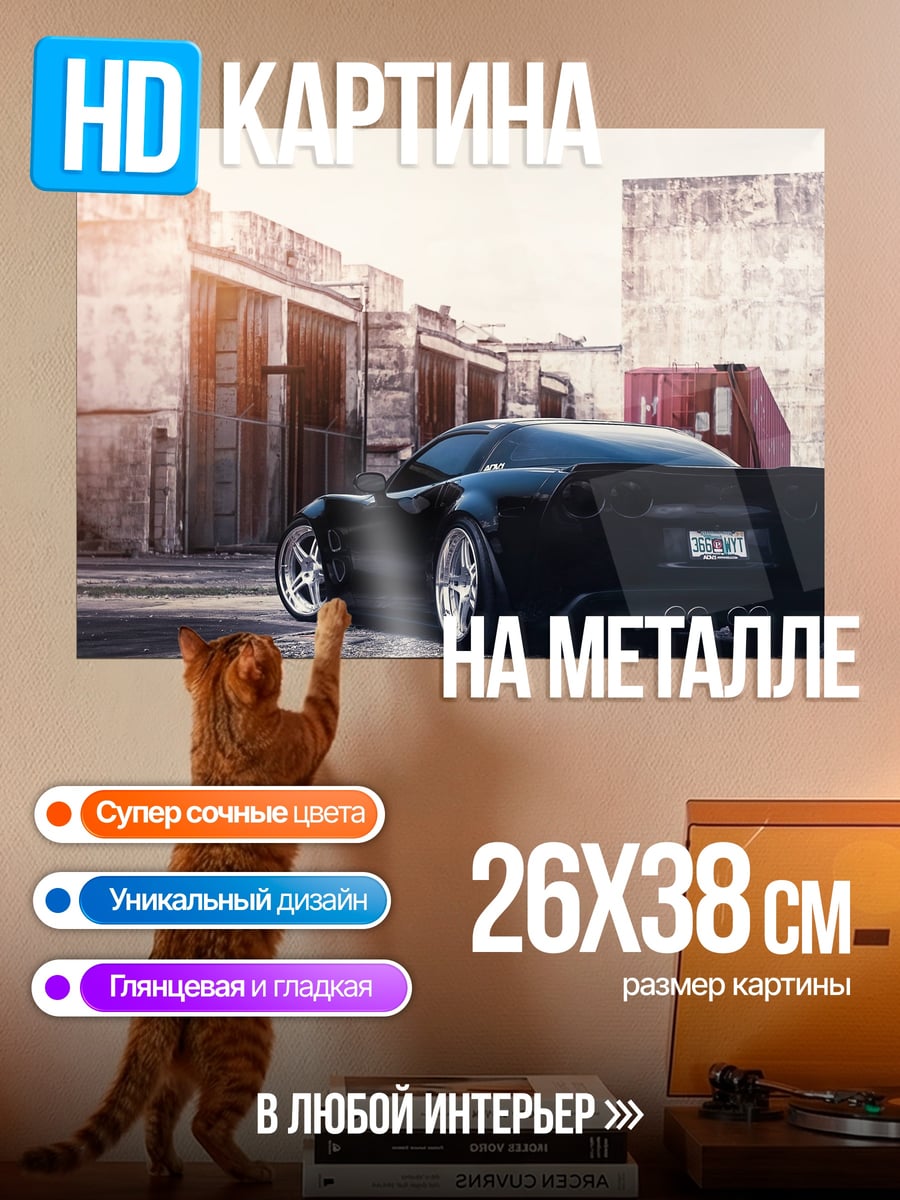 Картина на металле Черный спорткар на улице