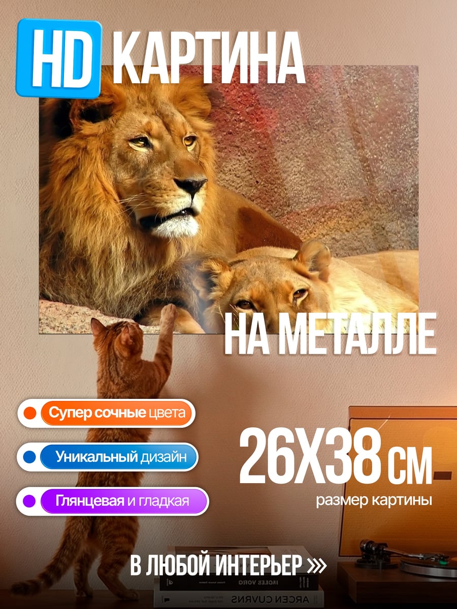 Картина на металле Львы в скалах