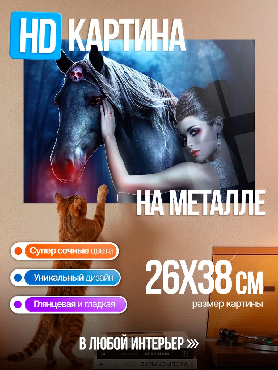 Картина на металле Девушка и черный конь