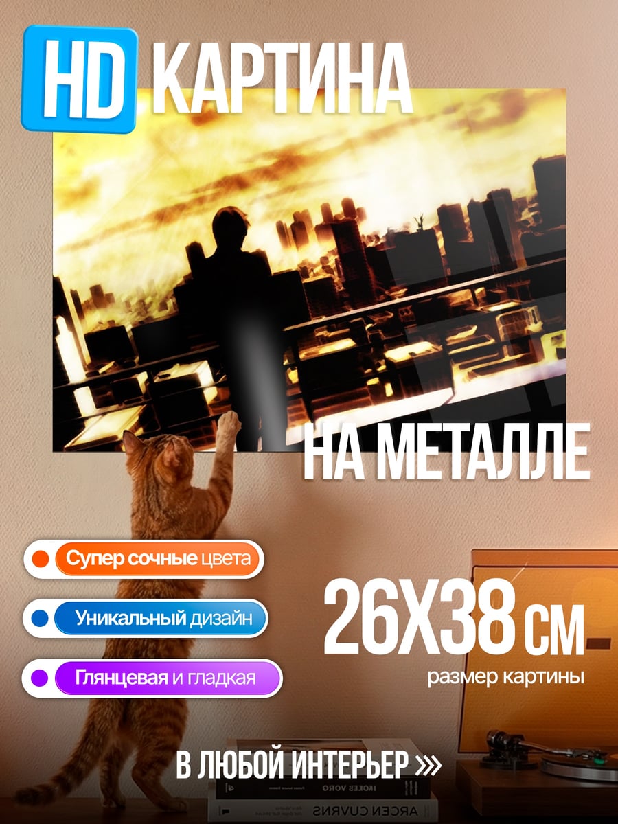 Картина на металле человек на крыше города