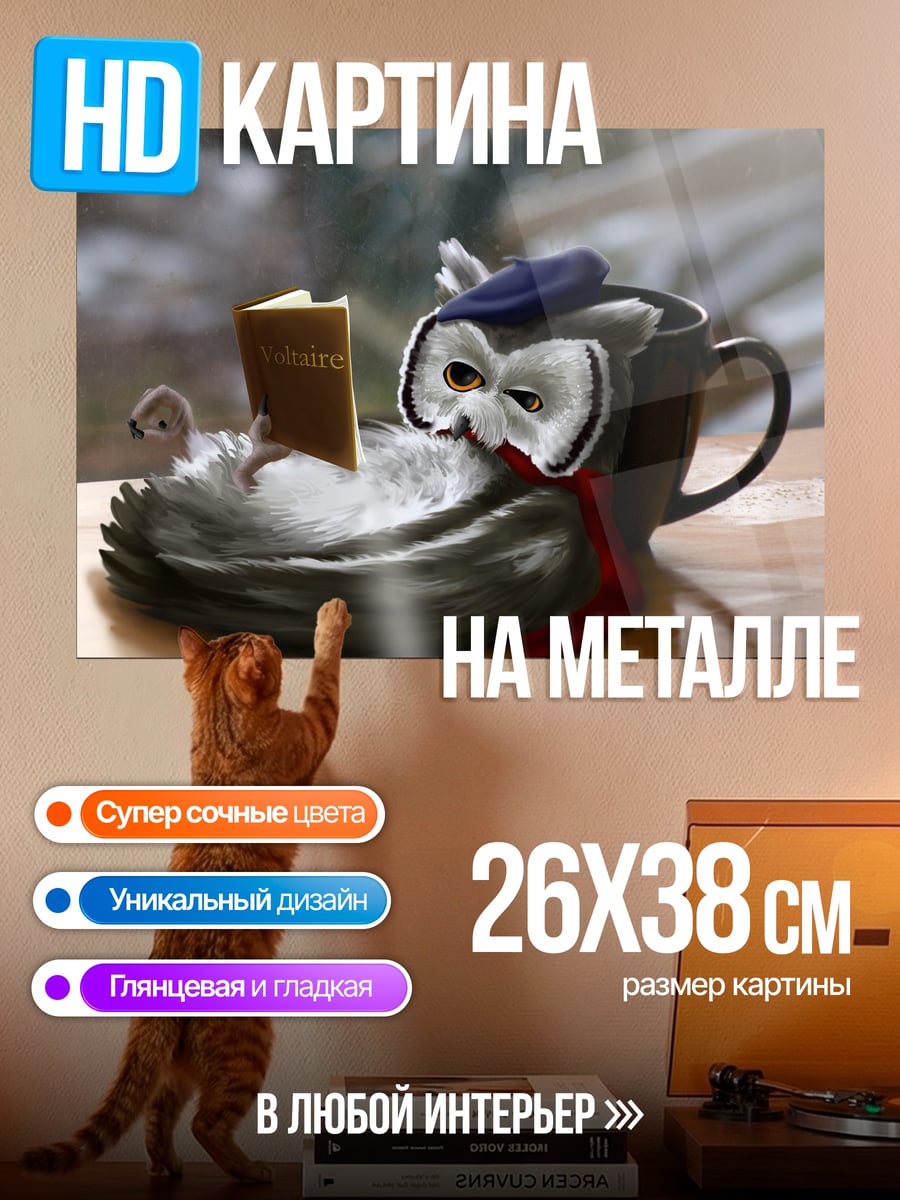 Картина на металле Сова читает книгу