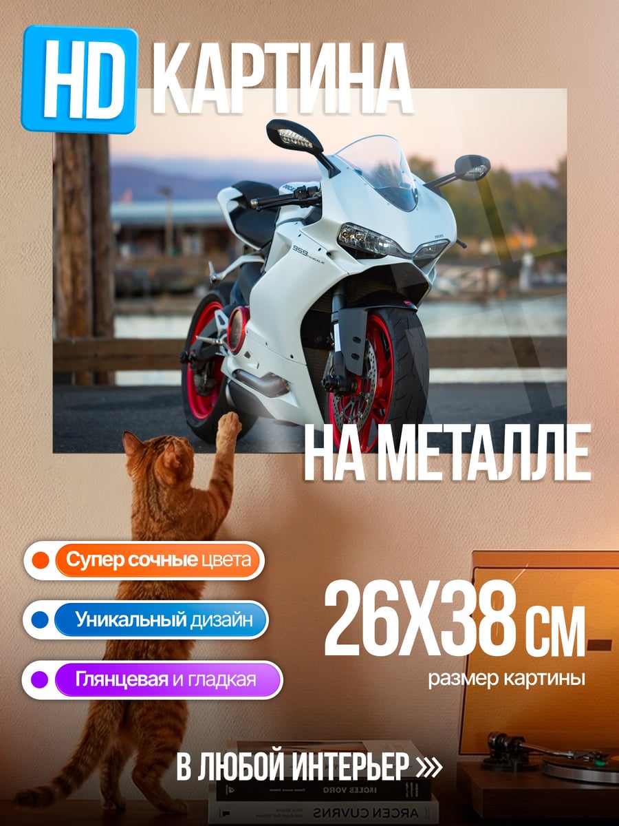 Картина на металле Белый мотоцикл Ducati