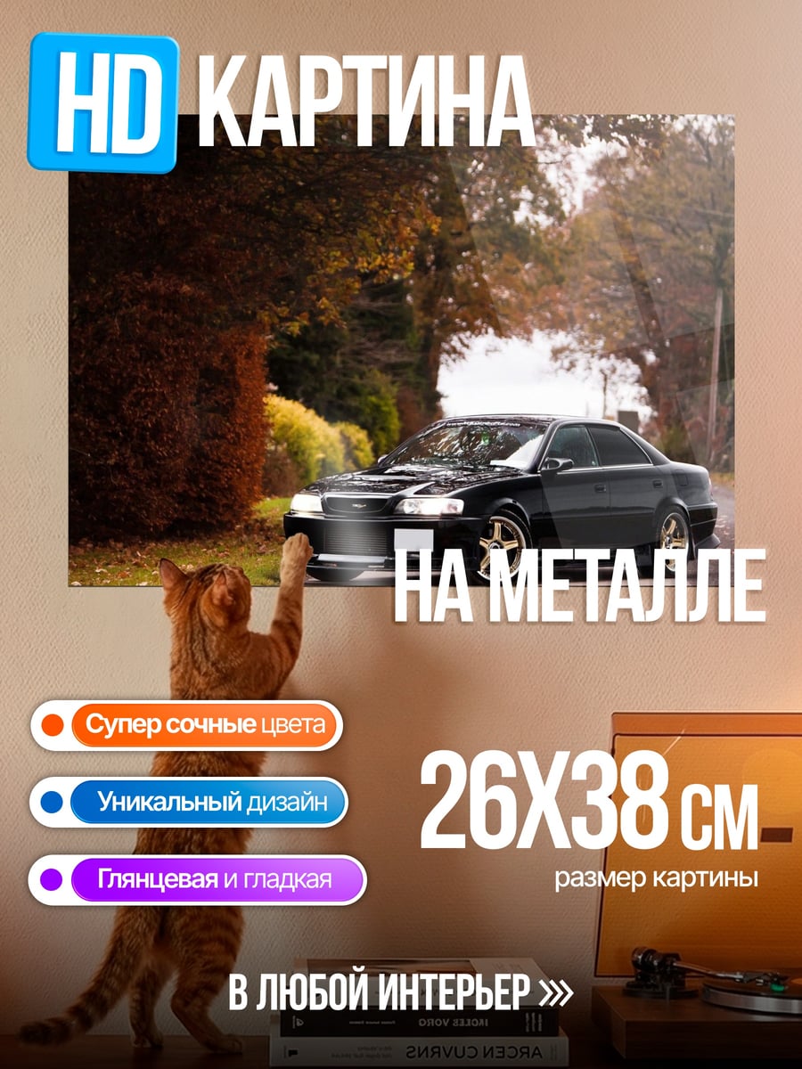Картина на металле Черное авто на дороге