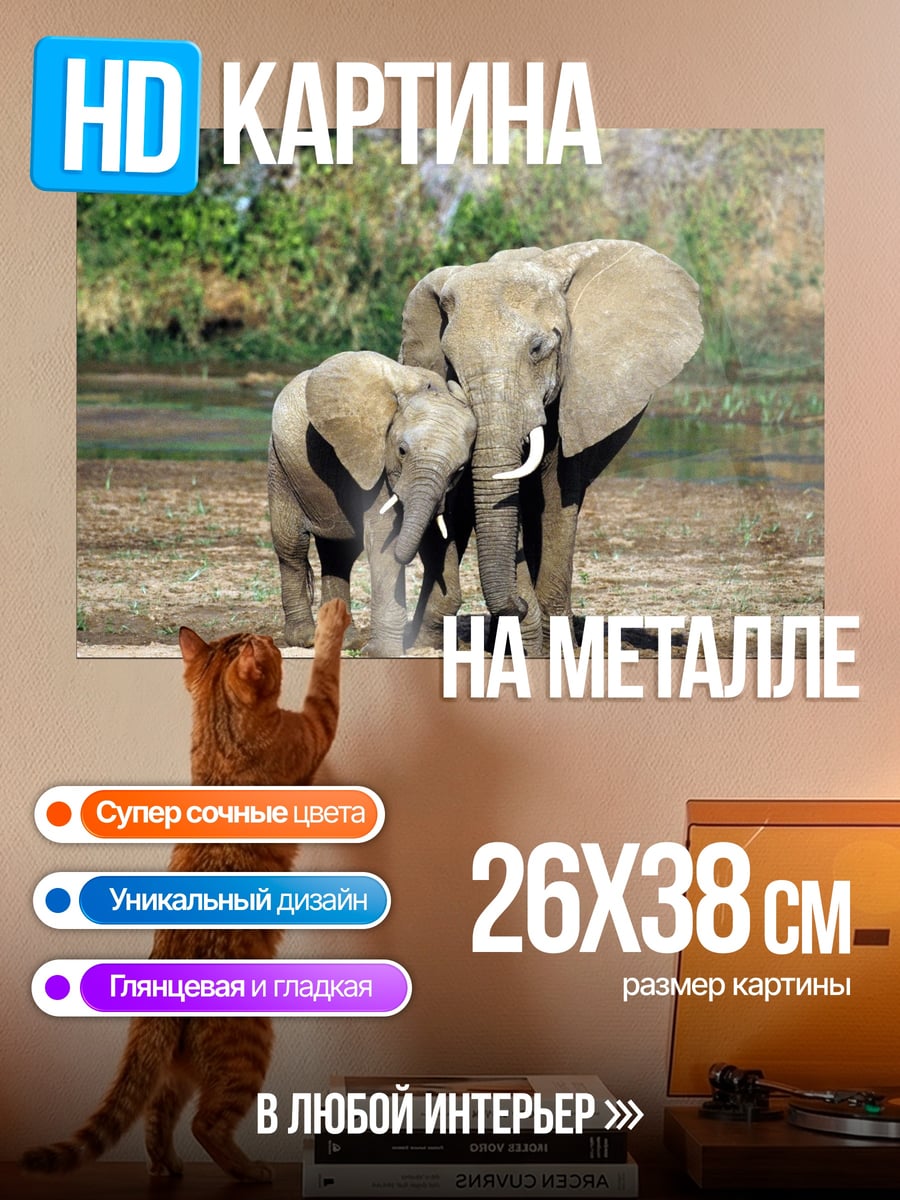 Картина на металле Слоны у реки