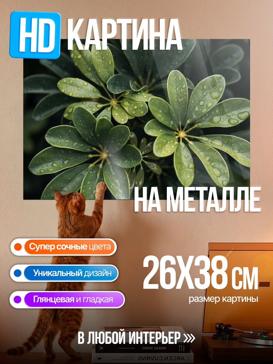Картина на металле Зеленые листья с каплями