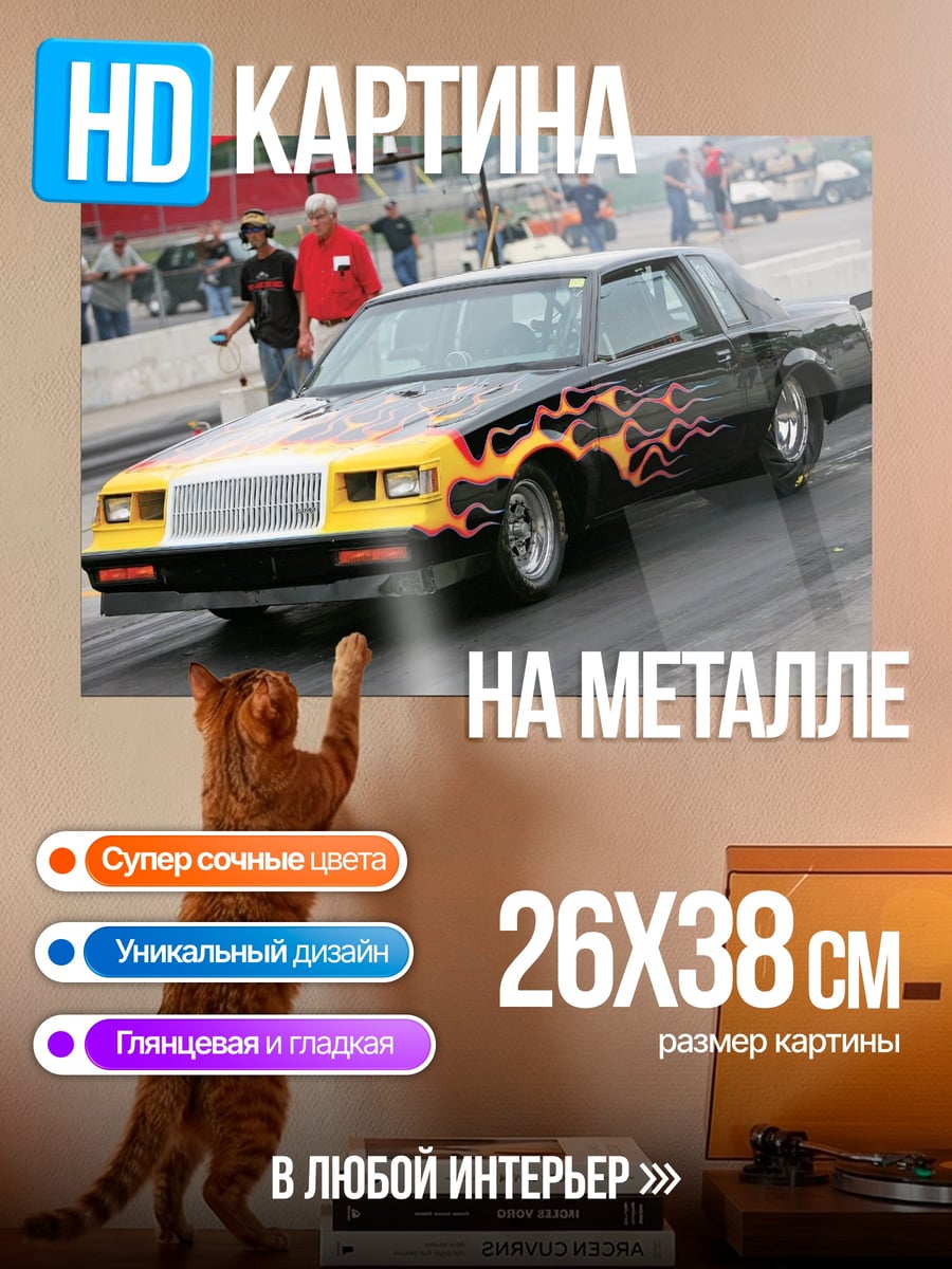 Картина на металле Черный автомобиль с огнем