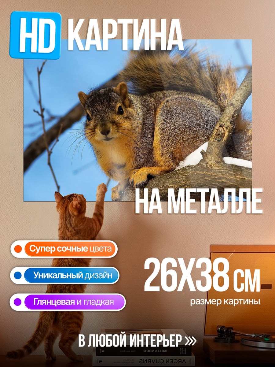 Картина на металле Белка на ветке