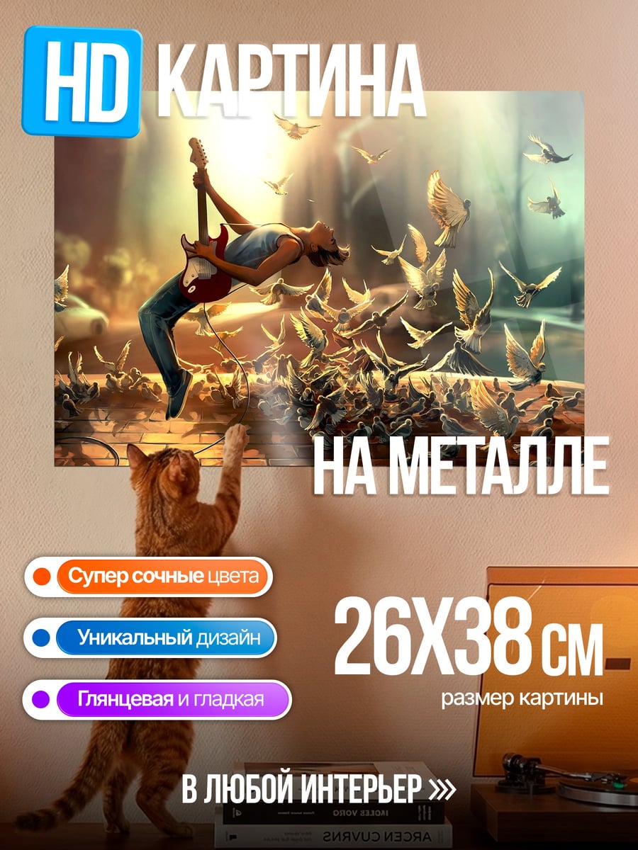 Картина на металле Гитарист и птицы