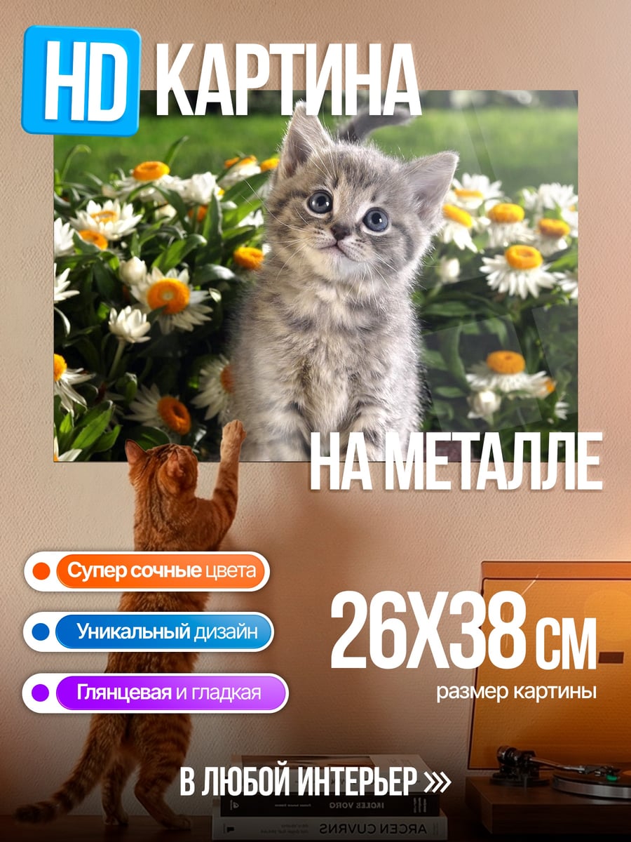 Картина на металле котенок среди цветов