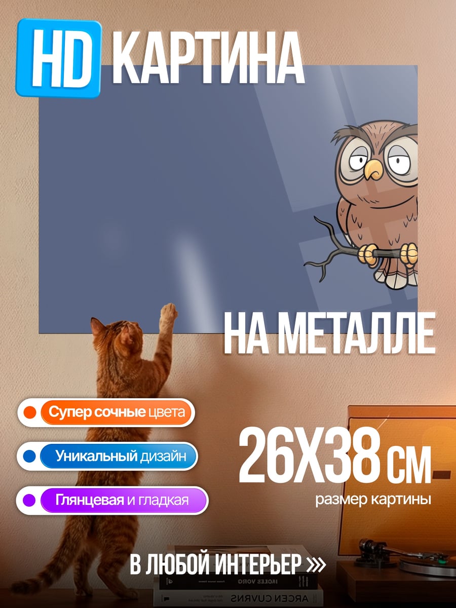 Картина на металле Сонная сова на ветке