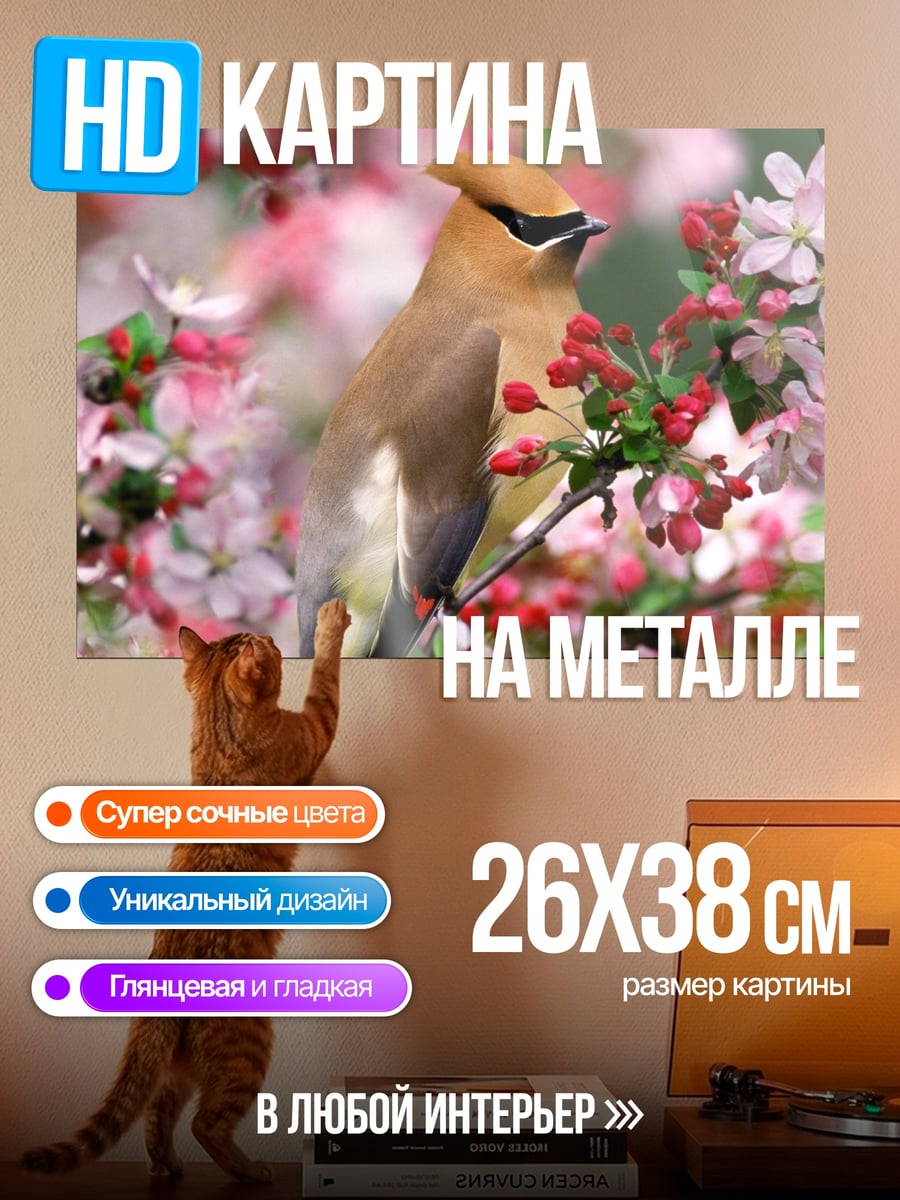 Картина на металле Птица на цветущей ветке