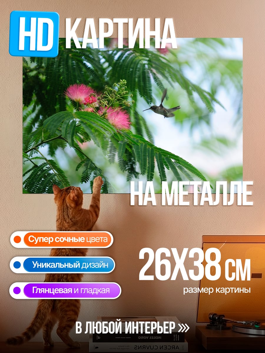 Картина на металле Колибри у цветка