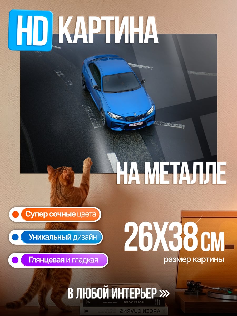 Картина на металле Синий BMW на дороге