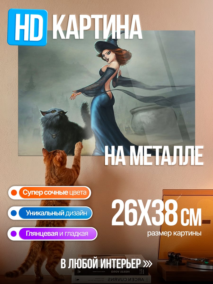 Картина на металле Ведьма и черный кот