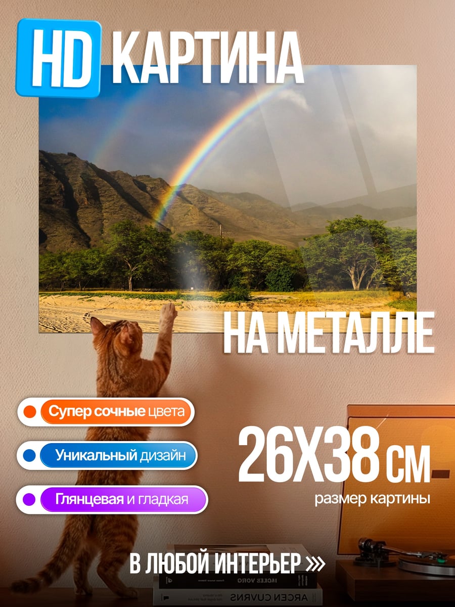 Картина на металле Радуга над пляжем