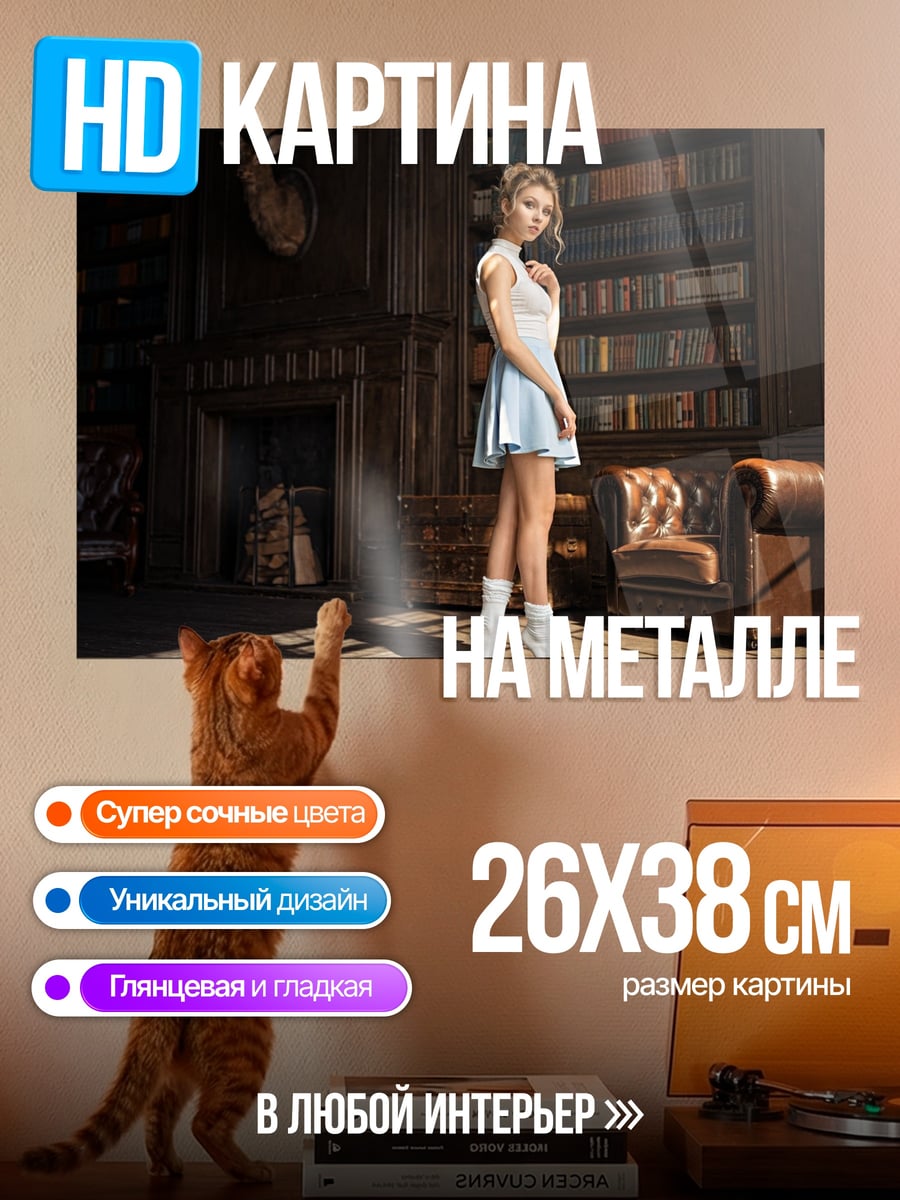 Картина на металле Девушка в библиотеке
