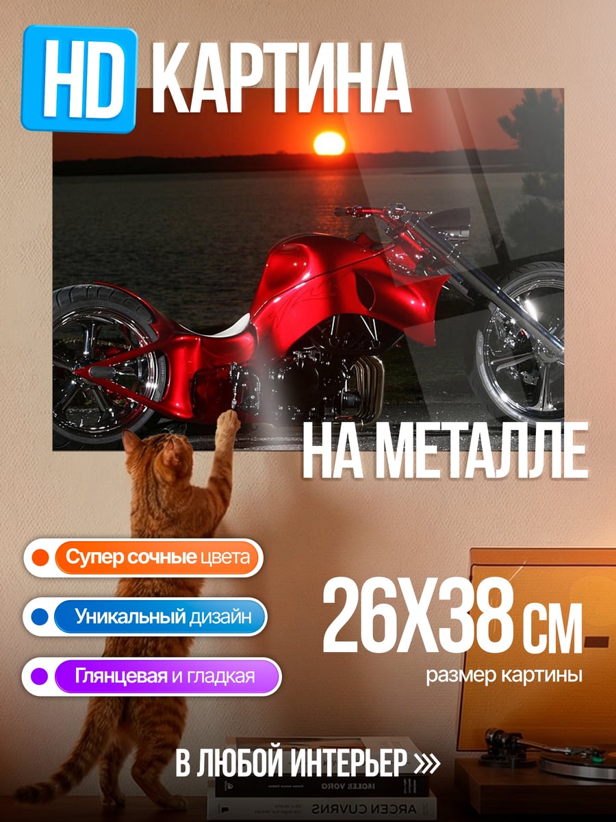 Картина на металле Красный чоппер закат