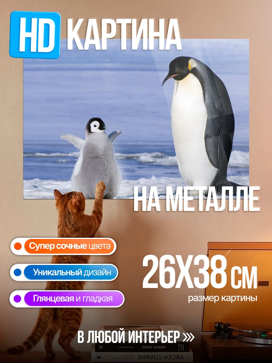 Картина на металле Пингвин мама птенец