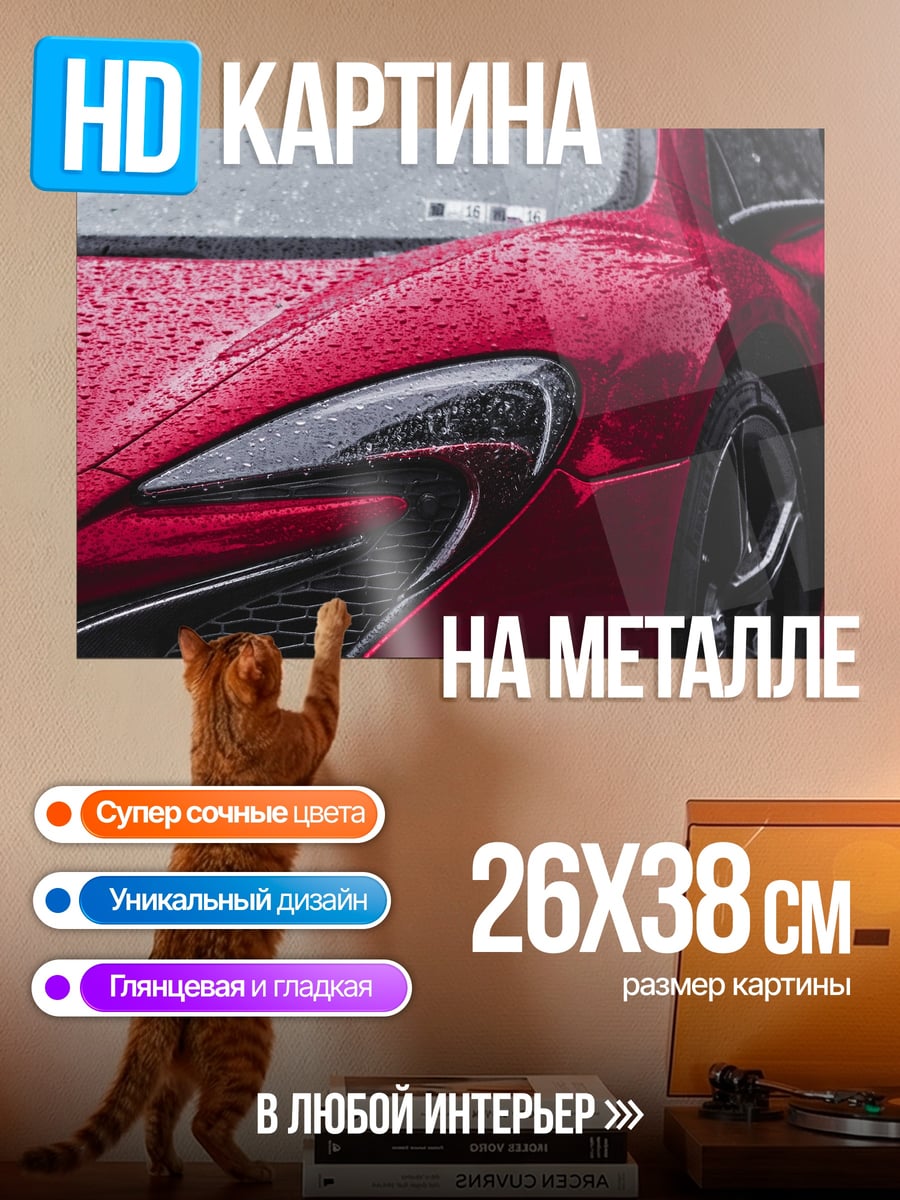 Картина на металле Красное спорткар дождь