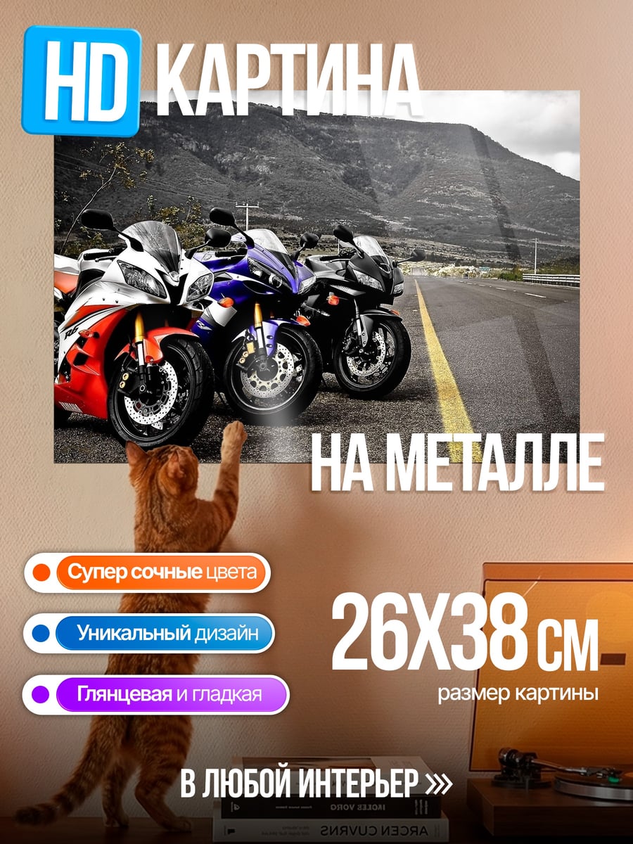 Картина на металле Три мотоцикла на дороге