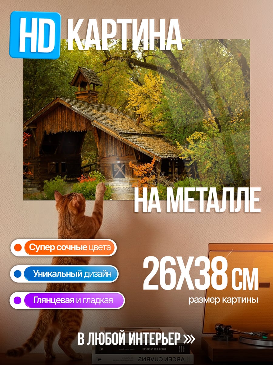 Картина на металле Деревянный мост осенью
