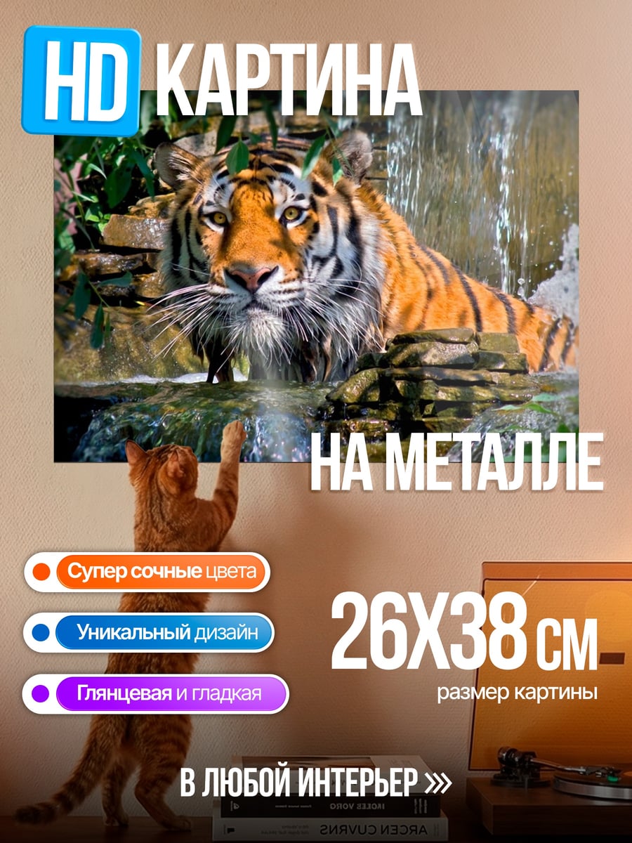 Картина на металле Тигр у водопада