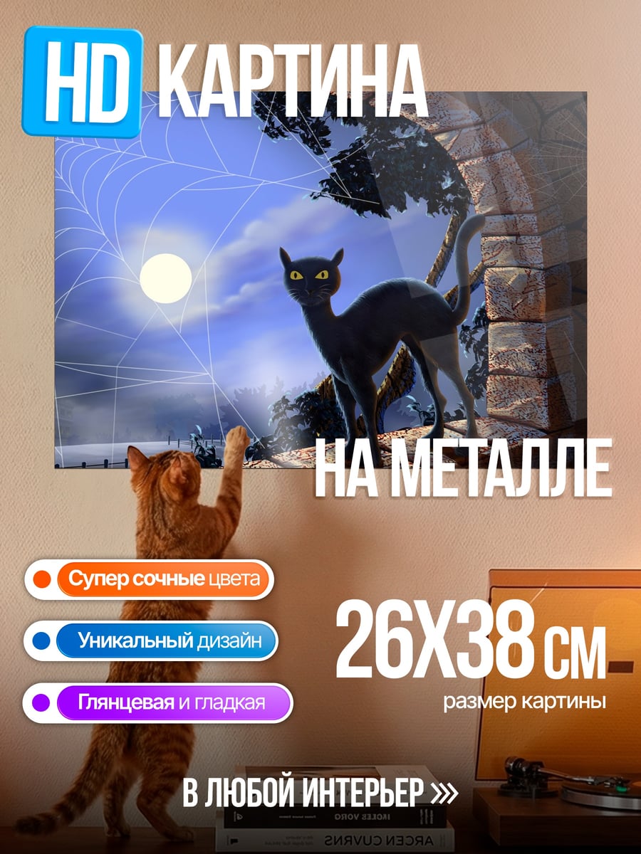 Картина на металле Черная кошка ночь