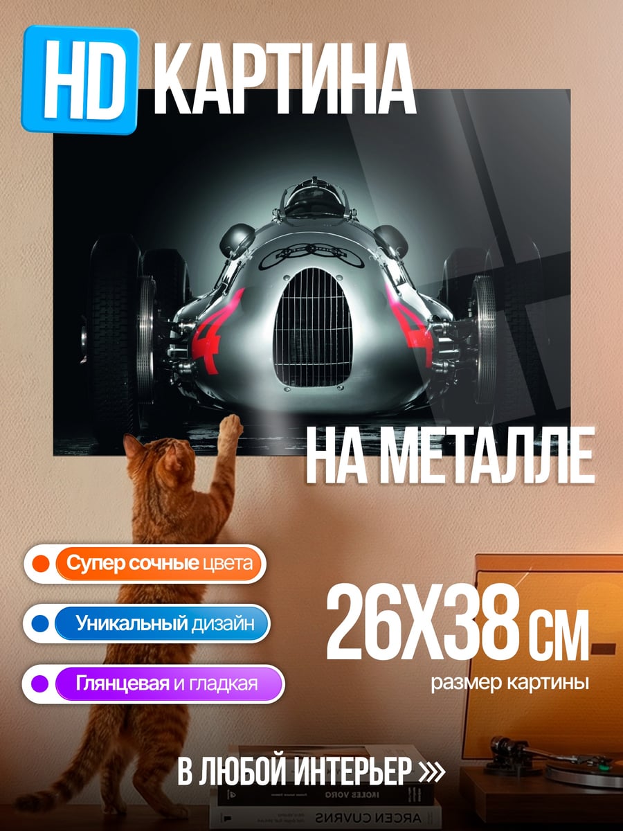 Картина на металле Серебряный гоночный автомобиль