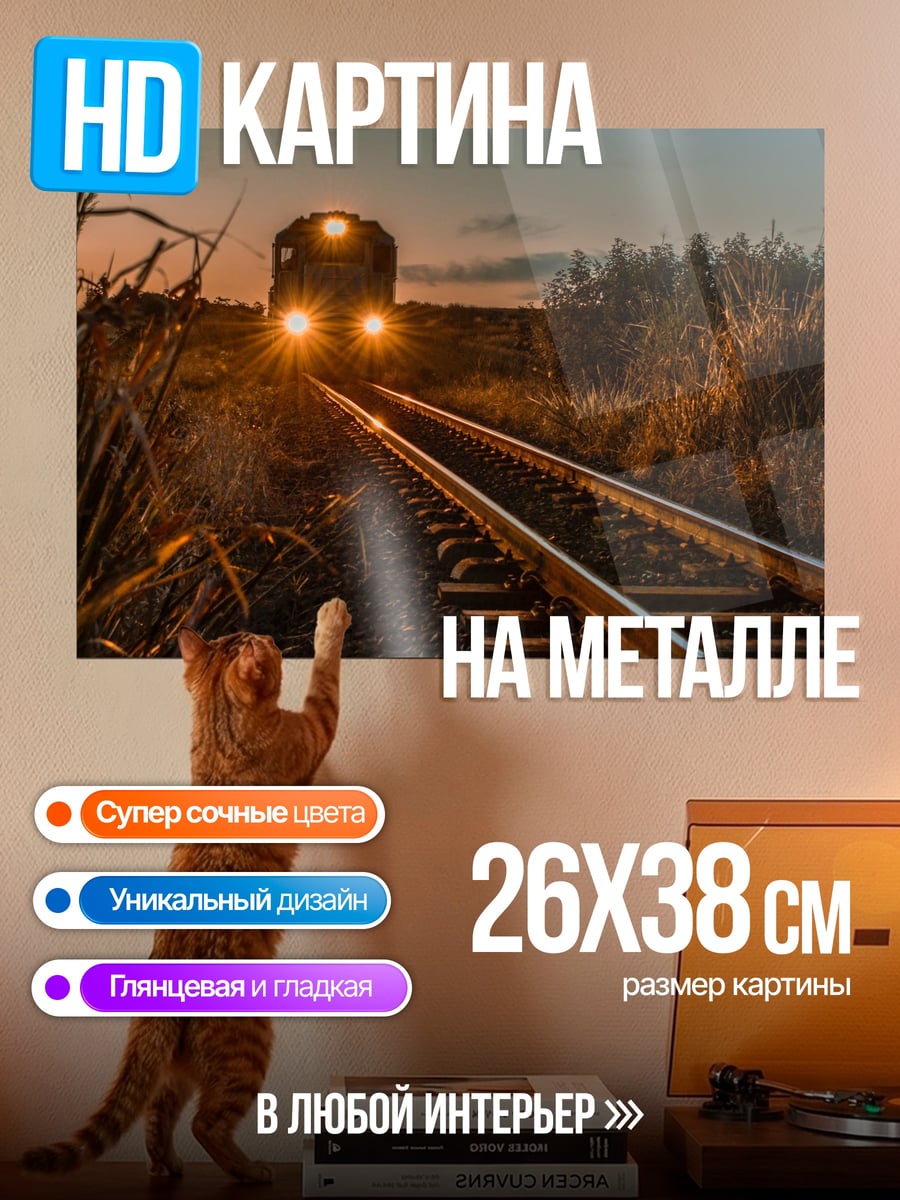 Картина на металле Поезд на закате