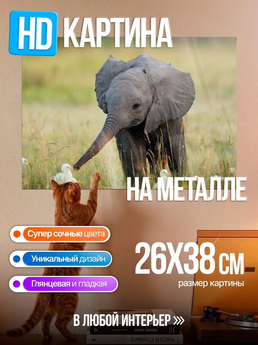 Картина на металле слоненок и птицы