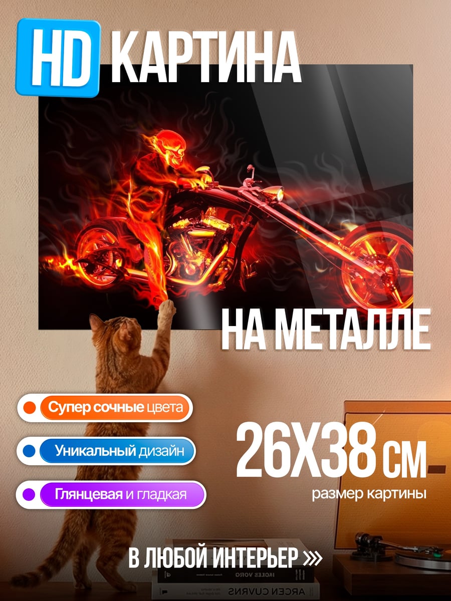 Картина на металле Огненный байкер