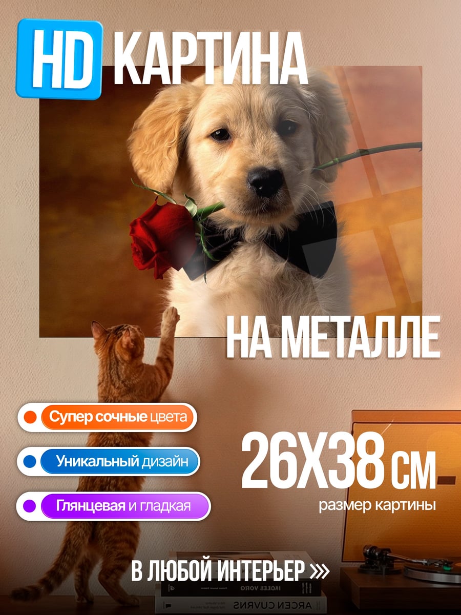 Картина на металле Щенок с розой