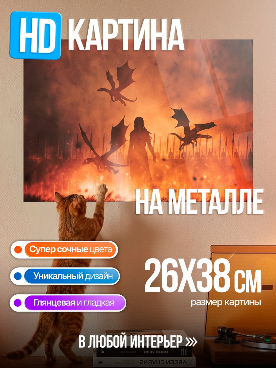 Картина на металле Девушка с драконами