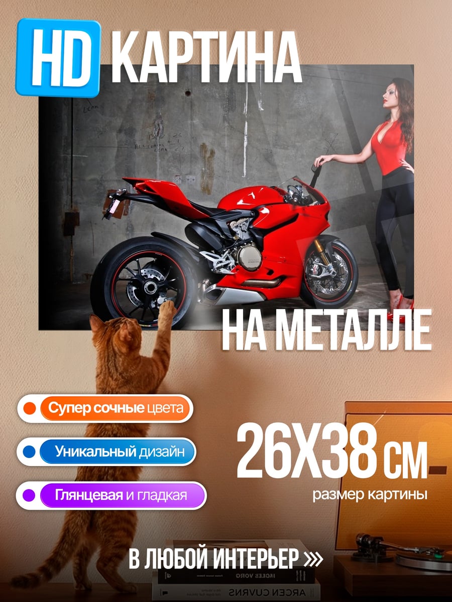 Картина на металле Девушка и мотоцикл