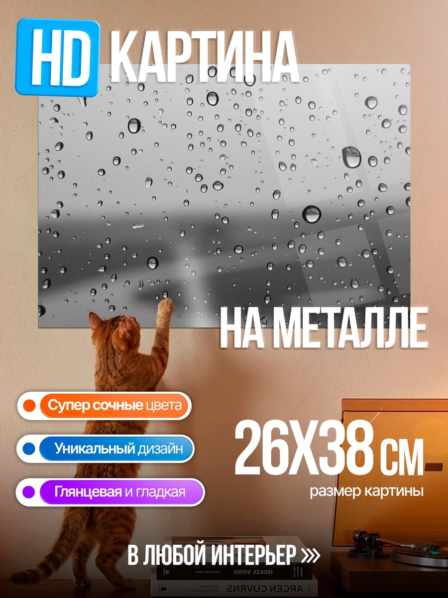 Картина на металле Капли дождя на стекле