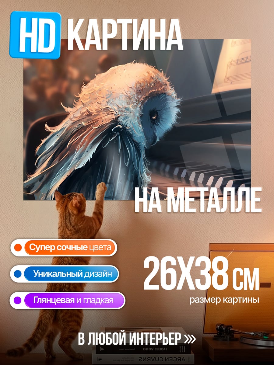 Картина на металле Сова играет на пианино
