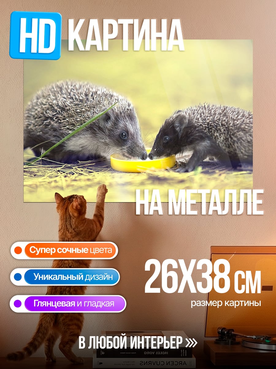 Картина на металле два ежа едят