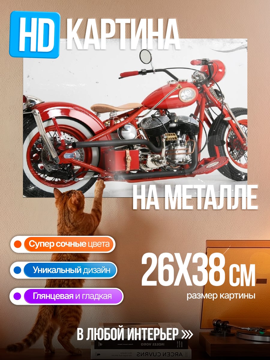 Картина на металле Красный мотоцикл