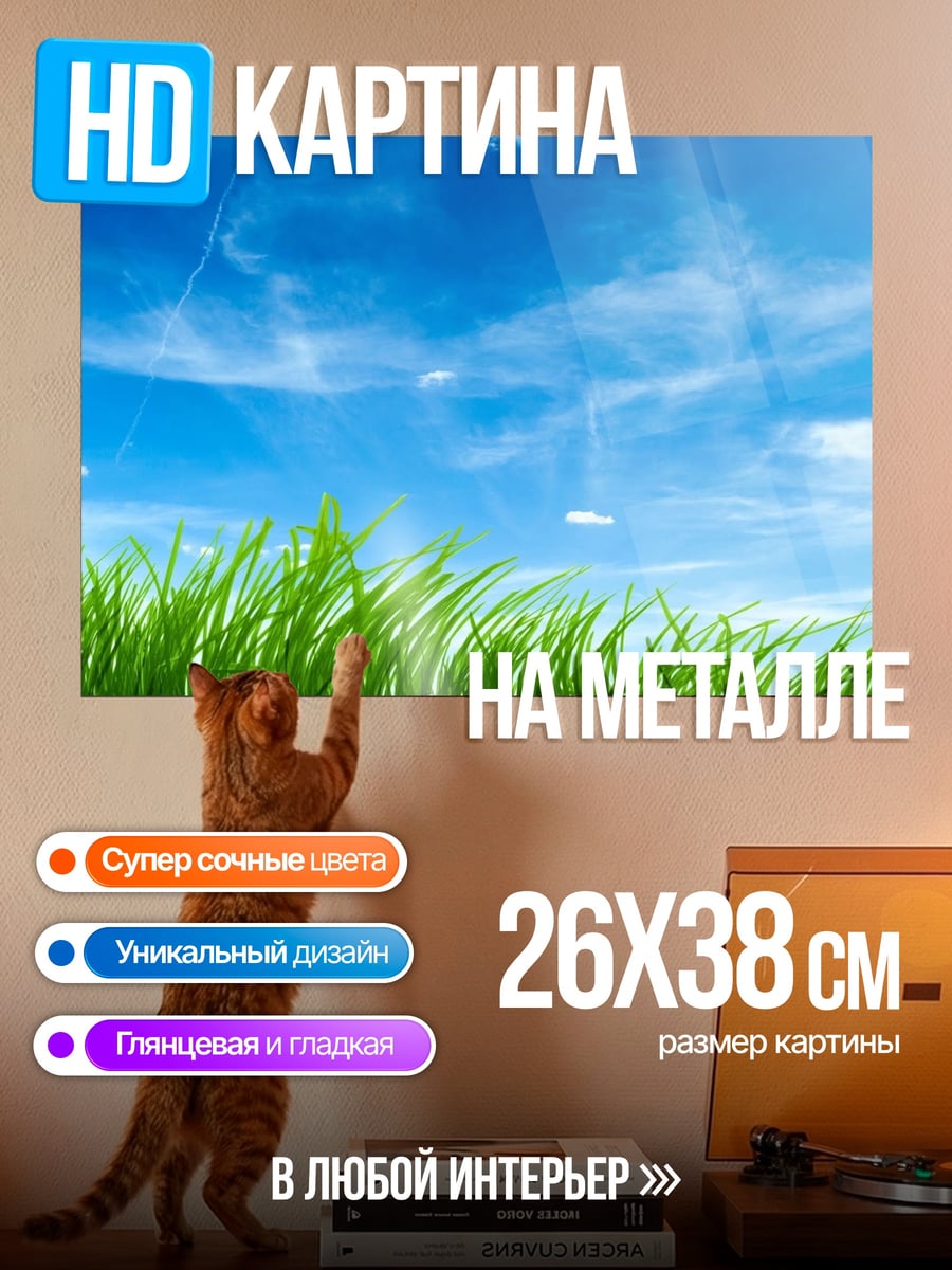 Картина на металле зеленая трава небо